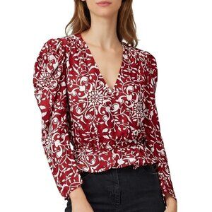 The Kooples Botanical-Print Puff-Sleeve Peplum Silk Top Red Womens Size 2 Medium